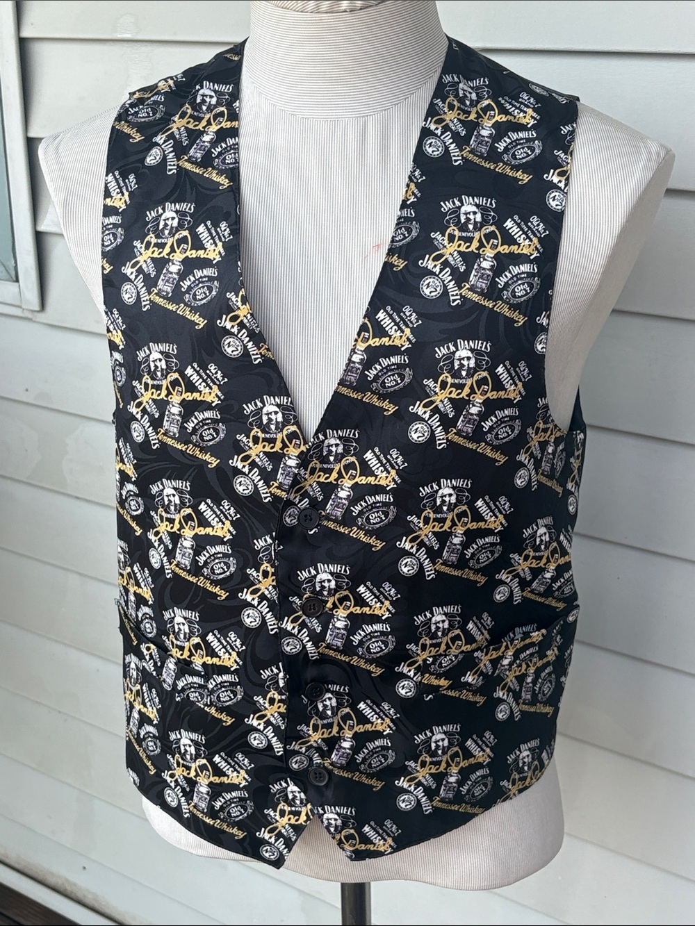 Jack Daniels Black Vest with Gold & White Logo Print - Men's Button Front. Med.